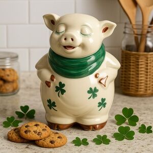 Vintage Shawnee Smiley Pig Cookie Jar Green Shamrock USA Pottery